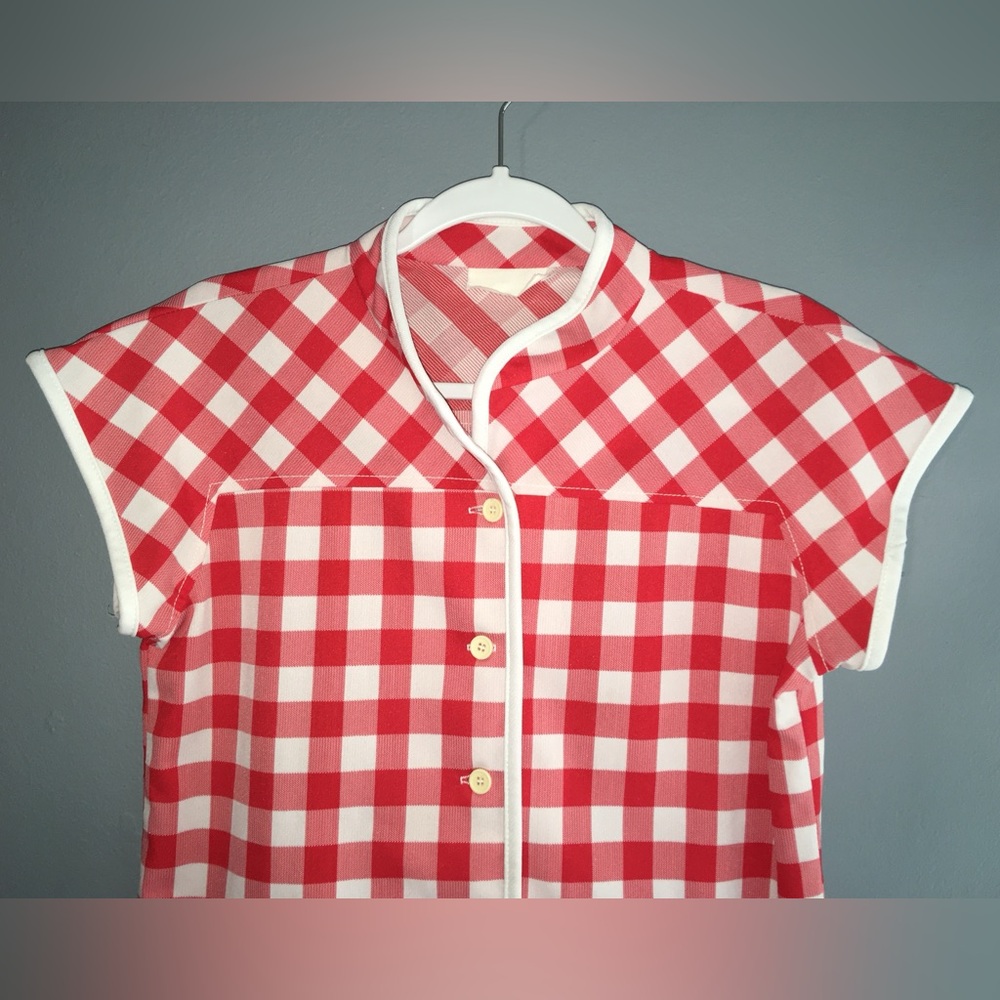 π VINTAGE red and white gingham button-up short sleeve shirt, small β VGUC - Picture 3 of 12
